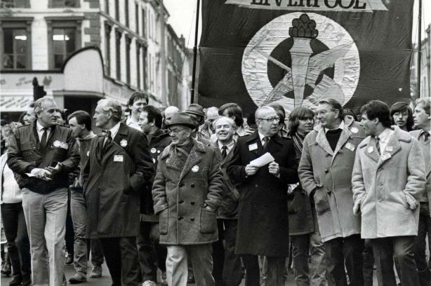 Left to Right Tony Mulhearn, Tony Benn, Eddie Loyden, Hugh Dalton, Eric Heffer and Derek Hatton in November 1983